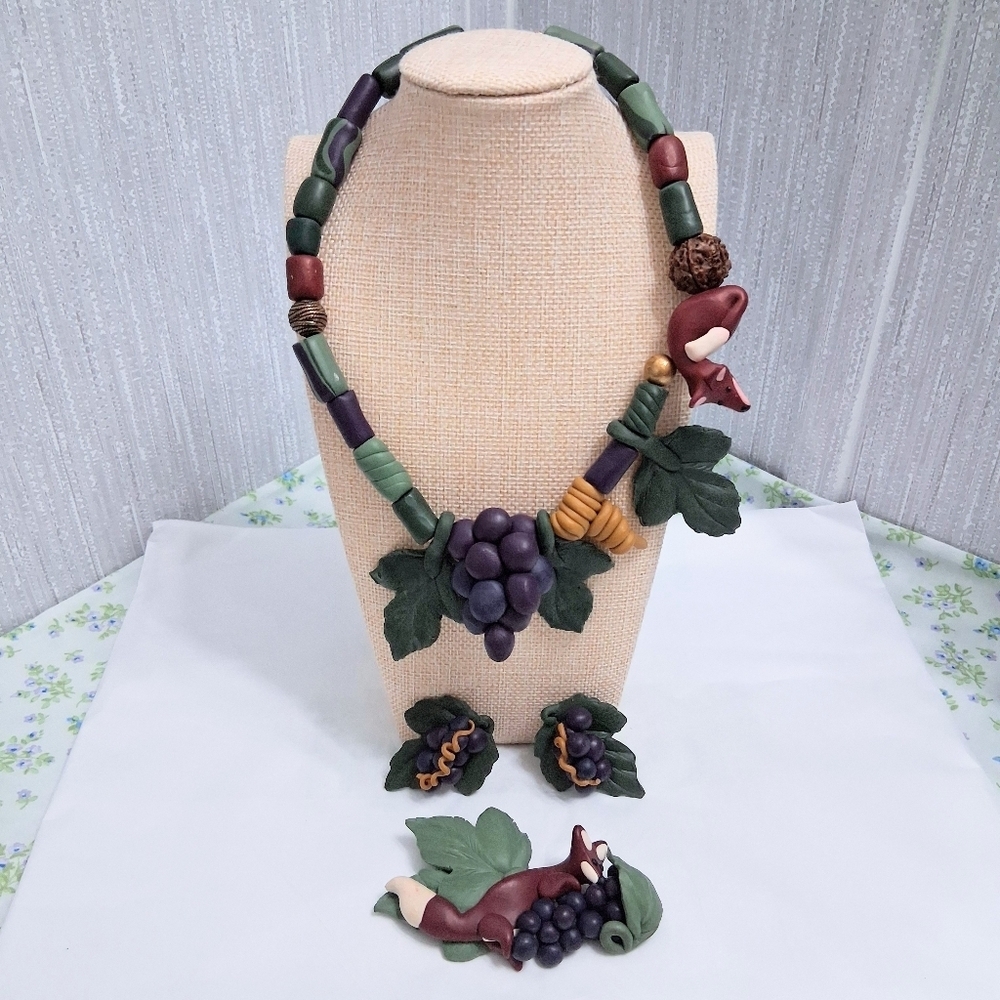 Vintage Vineyard Fox Artisan Clay Jewelry Suite Necklace Earrings Brooch Signed